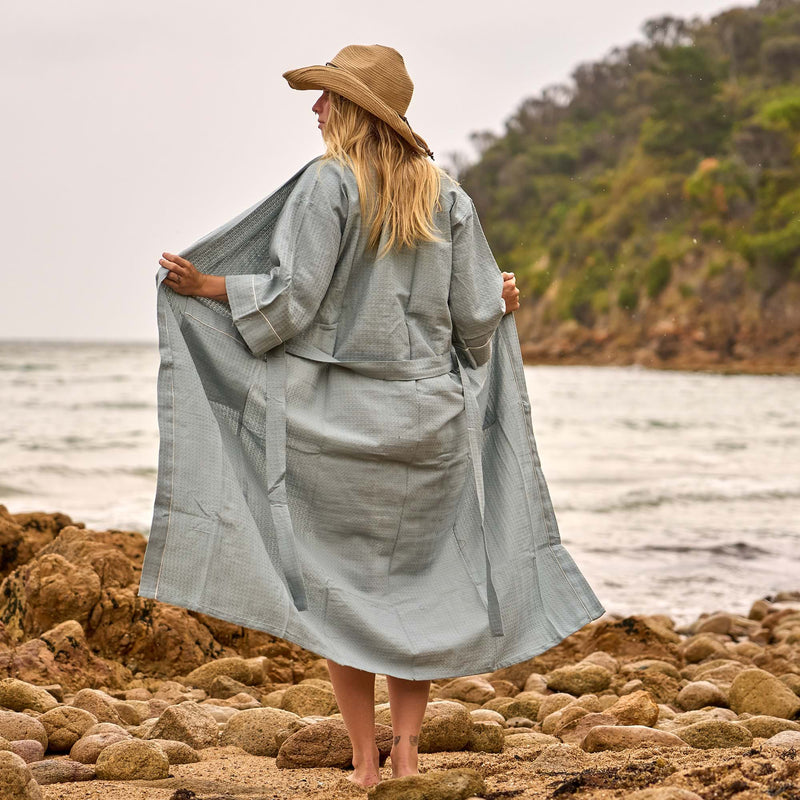 Coastal Calm Waffle Cotton Robe – Sage Blue Serenity