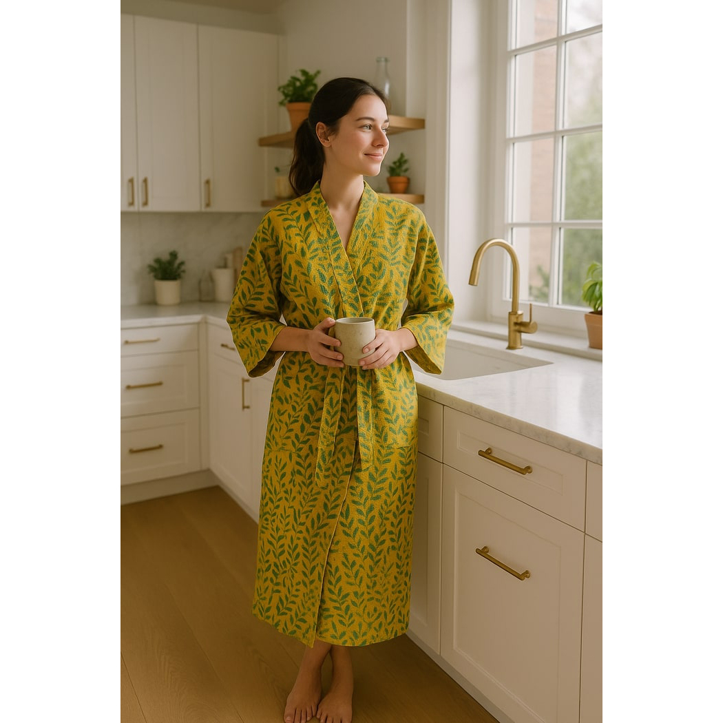 Botanical Yellow Waffle Cotton Kimono Robe – Yellow Leaf