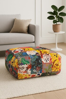 Velvet Patchwork Ottoman Pouf | Bohemian Square Floral Footstool