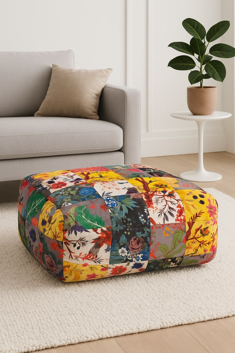Velvet Patchwork Ottoman Pouf | Bohemian Square Floral Footstool