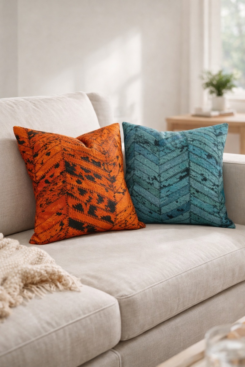Cowhide Cushion Covers Set of 2 | Teal & Rust Chevron