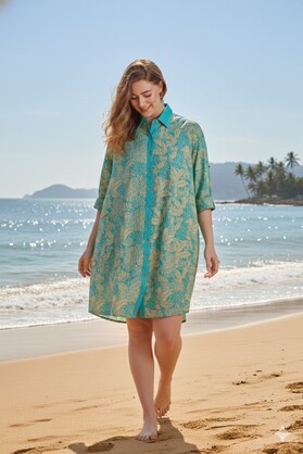 Cotton Shirt Dress Aqua Bloom Breeze in Printed Style