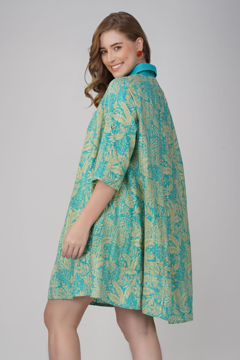 Cotton Shirt Dress Aqua Bloom Breeze in Printed Style
