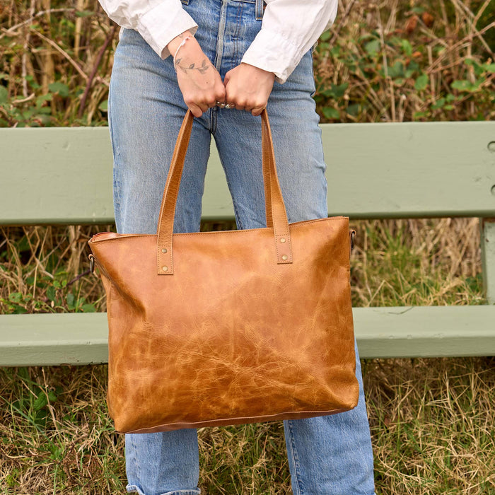 Large Vintage Brown Full-Grain Leather Tote Bag – Classic Everyday Carryall
