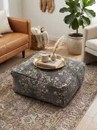 Charcoal Floral Ottoman Cushion Cover | Boho Moroccan Footrest