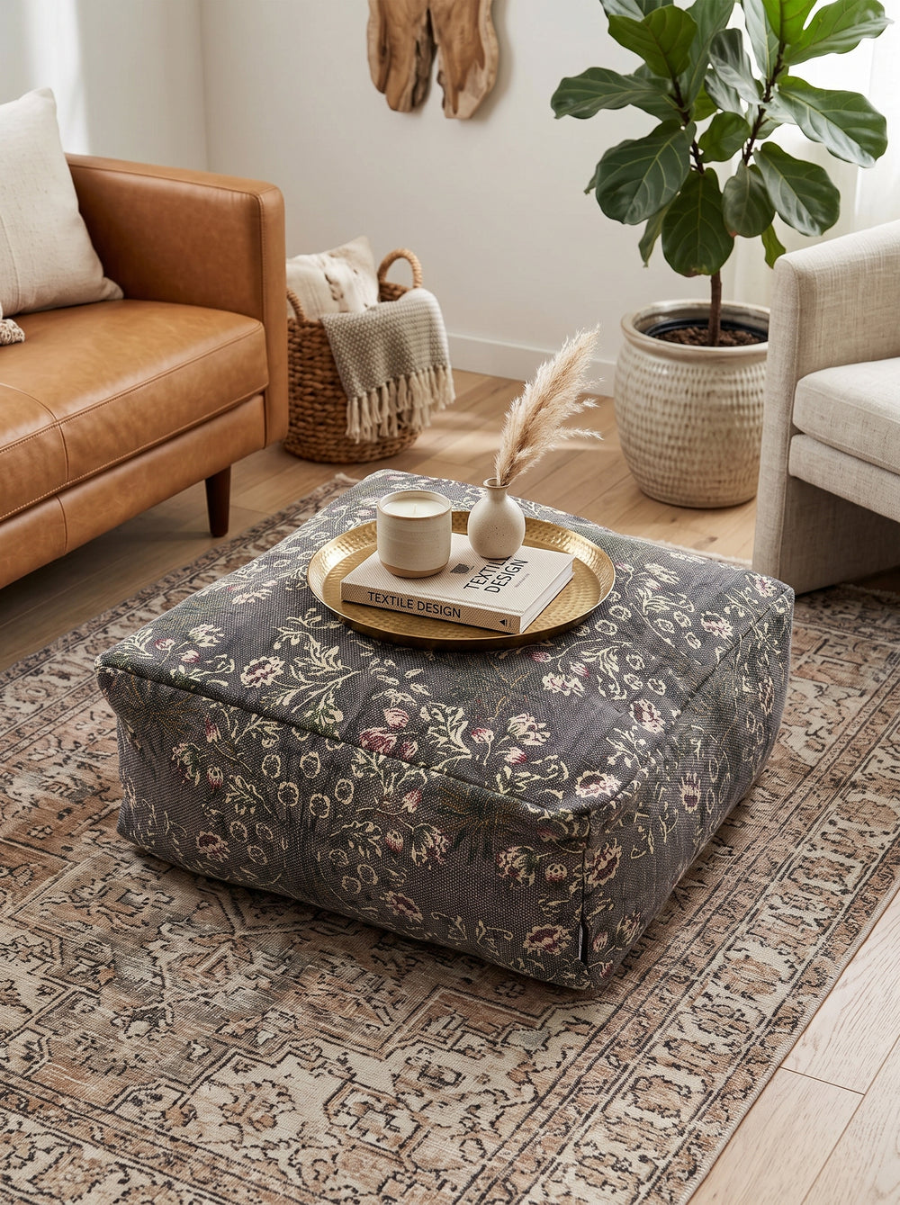 Charcoal Floral Ottoman Cushion Cover | Boho Moroccan Footrest