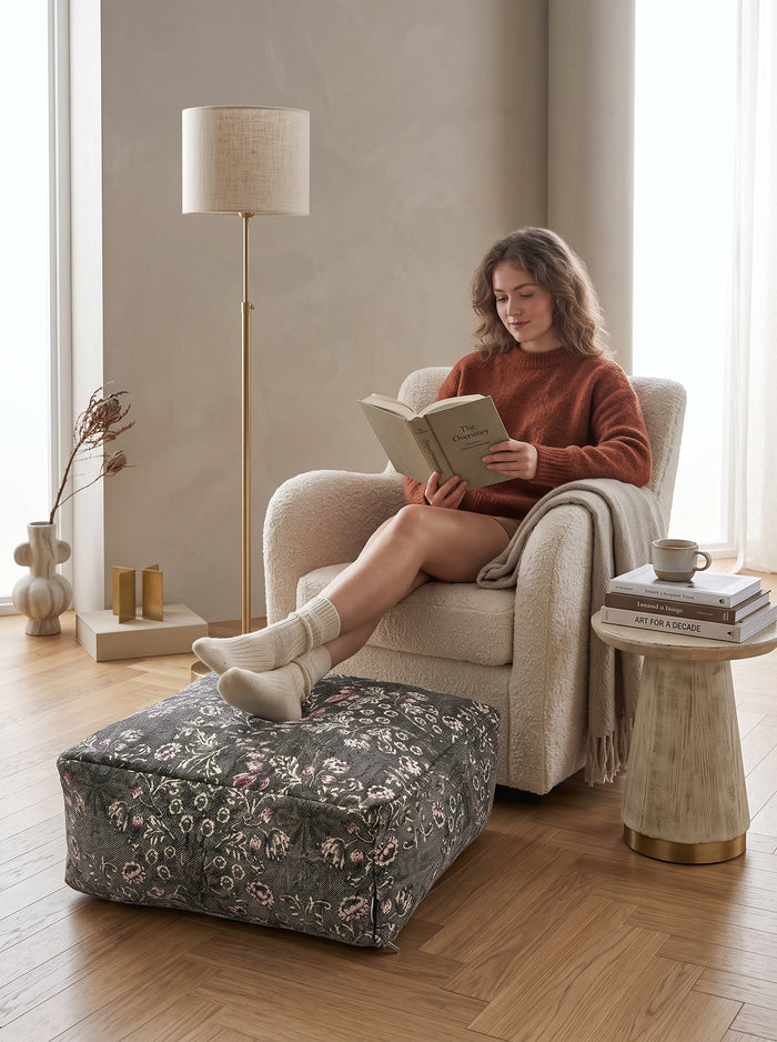 Charcoal Floral Ottoman Cushion Cover | Boho Moroccan Footrest