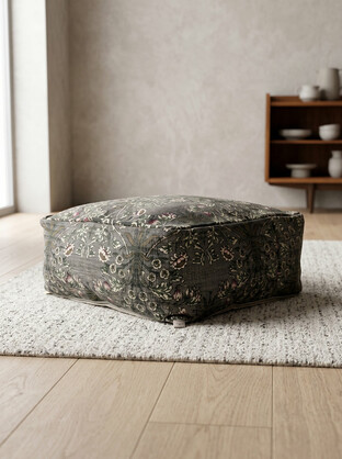 Charcoal Floral Ottoman Cushion Cover | Boho Moroccan Footrest