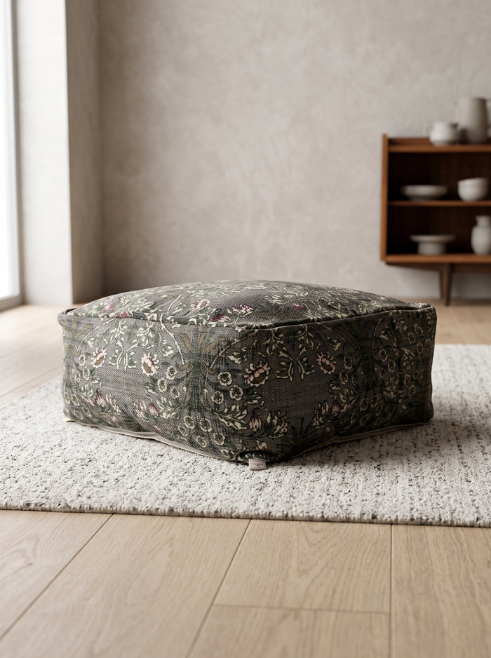 Charcoal Floral Ottoman Cushion Cover | Boho Moroccan Footrest