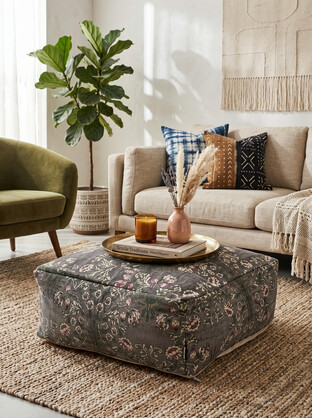 Charcoal Floral Ottoman Cushion Cover | Boho Moroccan Footrest