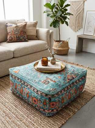 Teal Linen Cushion Cover Ottoman | Hidden Storage Floor Pouf