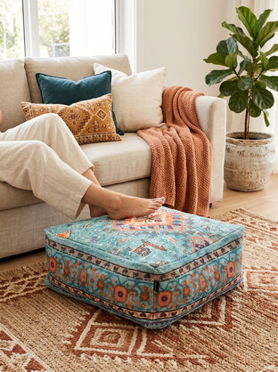 Teal Linen Cushion Cover Ottoman | Hidden Storage Floor Pouf