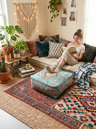 Teal Linen Cushion Cover Ottoman | Hidden Storage Floor Pouf