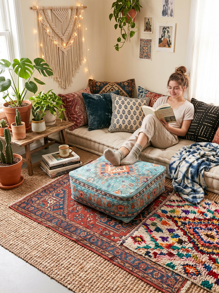 Teal Linen Cushion Cover Ottoman | Hidden Storage Floor Pouf