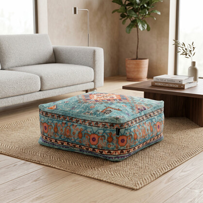 Teal Linen Cushion Cover Ottoman | Hidden Storage Floor Pouf