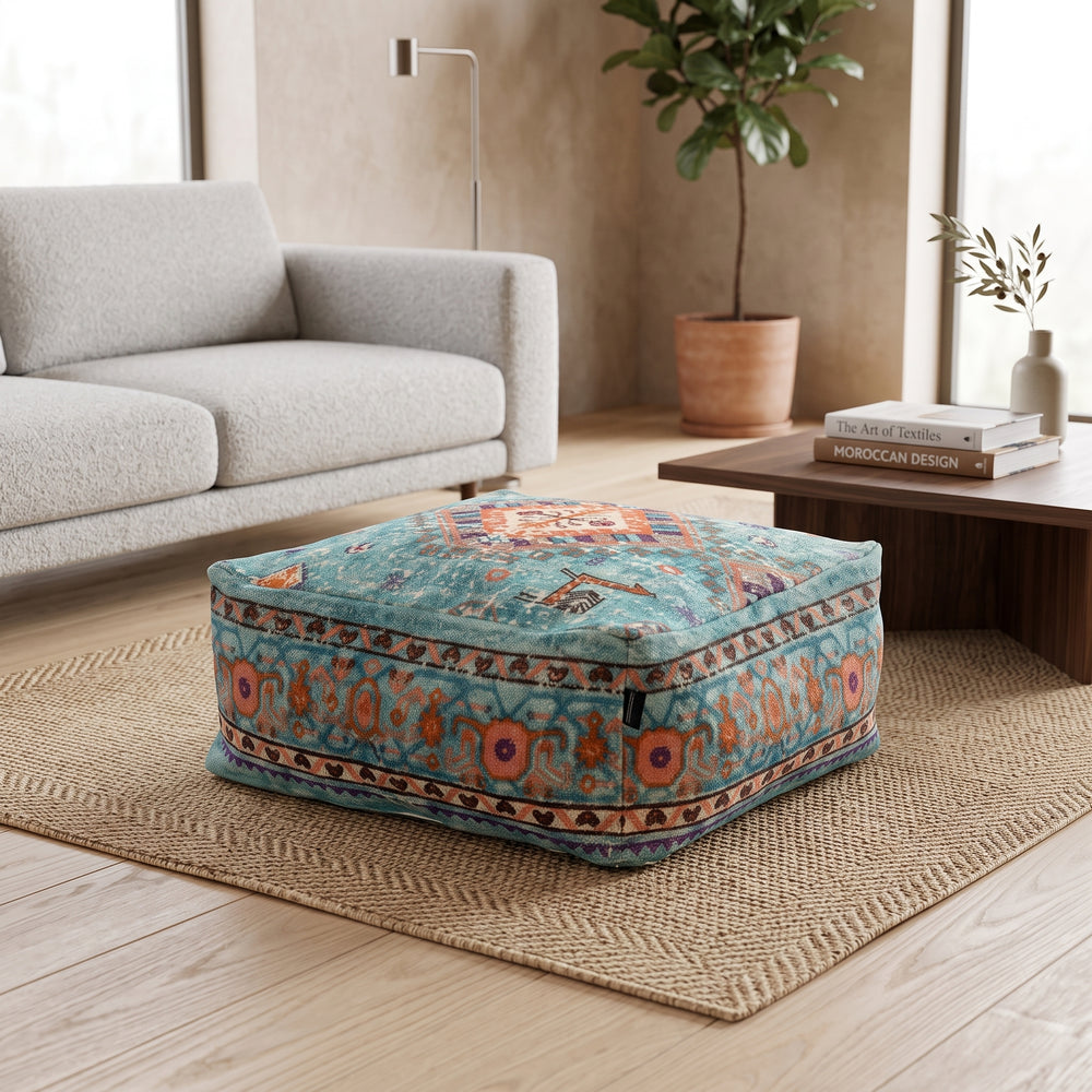 Teal Linen Cushion Cover Ottoman | Hidden Storage Floor Pouf