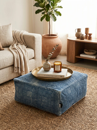 Blue Geometric Ottoman Pouf | Handwoven Floor Cushion