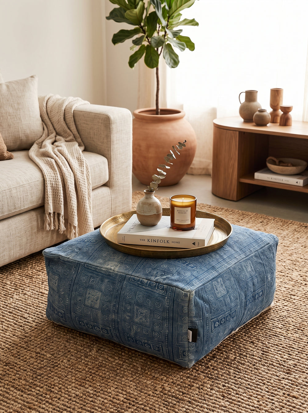 Blue Geometric Ottoman Pouf | Handwoven Floor Cushion