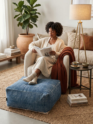 Blue Geometric Ottoman Pouf | Handwoven Floor Cushion