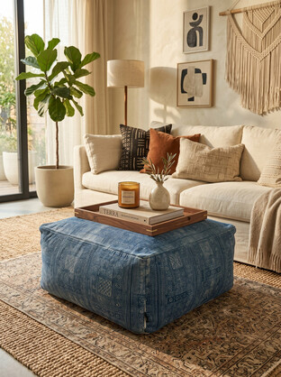 Blue Geometric Ottoman Pouf | Handwoven Floor Cushion
