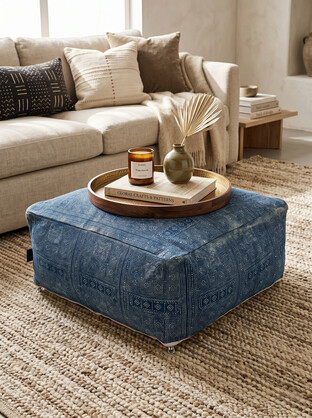 Blue Geometric Ottoman Pouf | Handwoven Floor Cushion