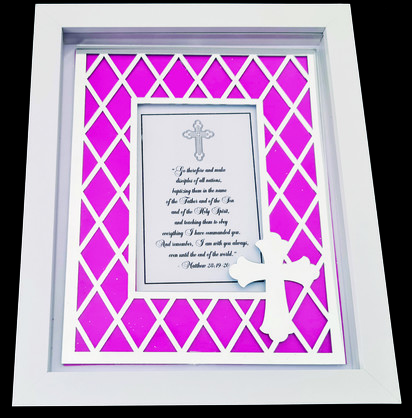 DESIGNER EXQUISITE SHADOW BOX FRAME CROSS SILVER/PINK 4x6