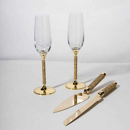 PREMIUM CHAMPAGNE FLUTES & CAKE SET GOLD- DIAMOND