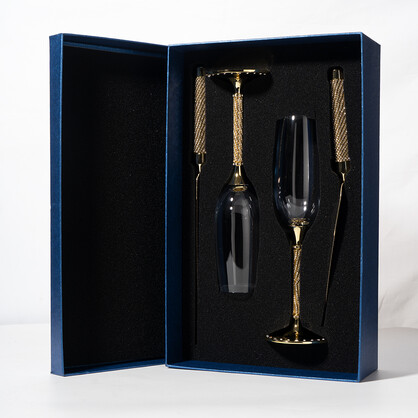 PREMIUM CHAMPAGNE FLUTES & CAKE SET GOLD- DIAMOND