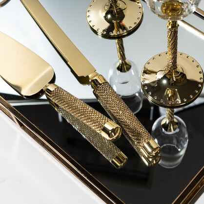 PREMIUM CHAMPAGNE FLUTES & CAKE SET GOLD- DIAMOND