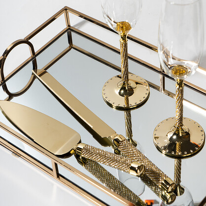 PREMIUM CHAMPAGNE FLUTES & CAKE SET GOLD- DIAMOND