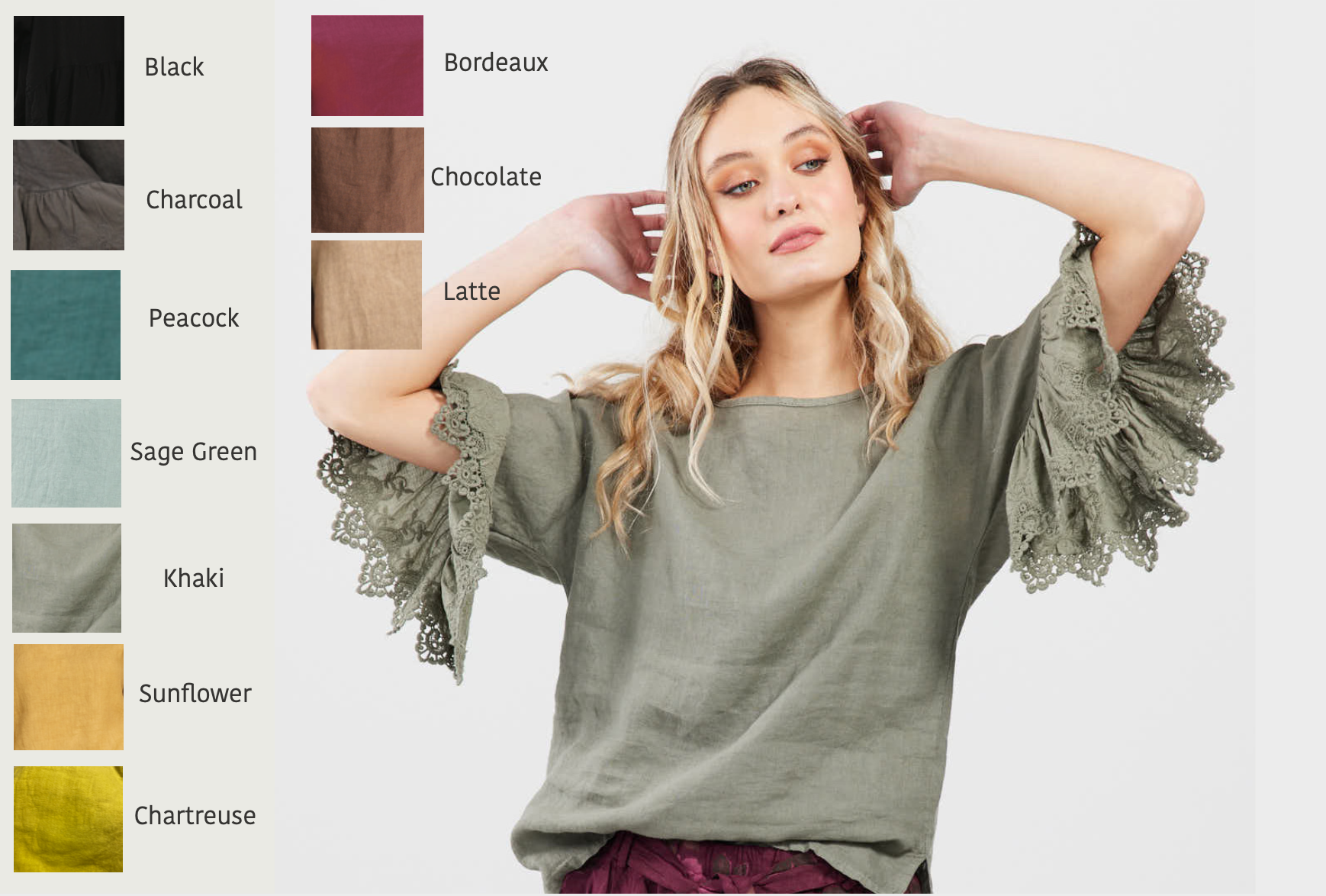 Ellie linen & Lace top. Size S/M. Assorted colours