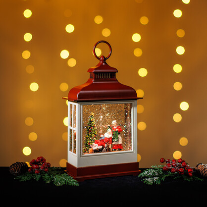 Snowing Red Hamptons Lantern w/ Mr. and Mrs. Santa Claus