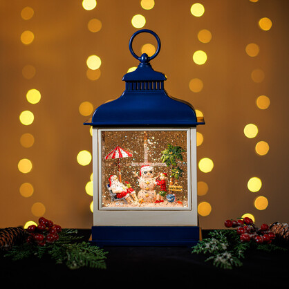 Snowing Blue Hamptons Lantern w/ Santa and Beach