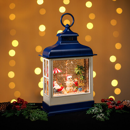 Snowing Blue Hamptons Lantern w/ Santa and Beach