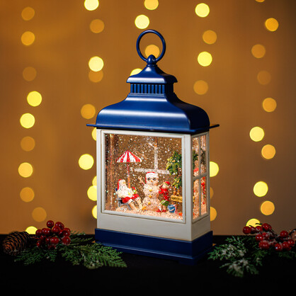 Snowing Blue Hamptons Lantern w/ Santa and Beach