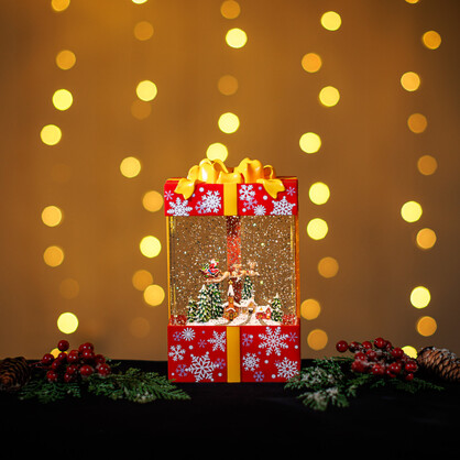 Snowing Gift Box w/ Santa Sleigh