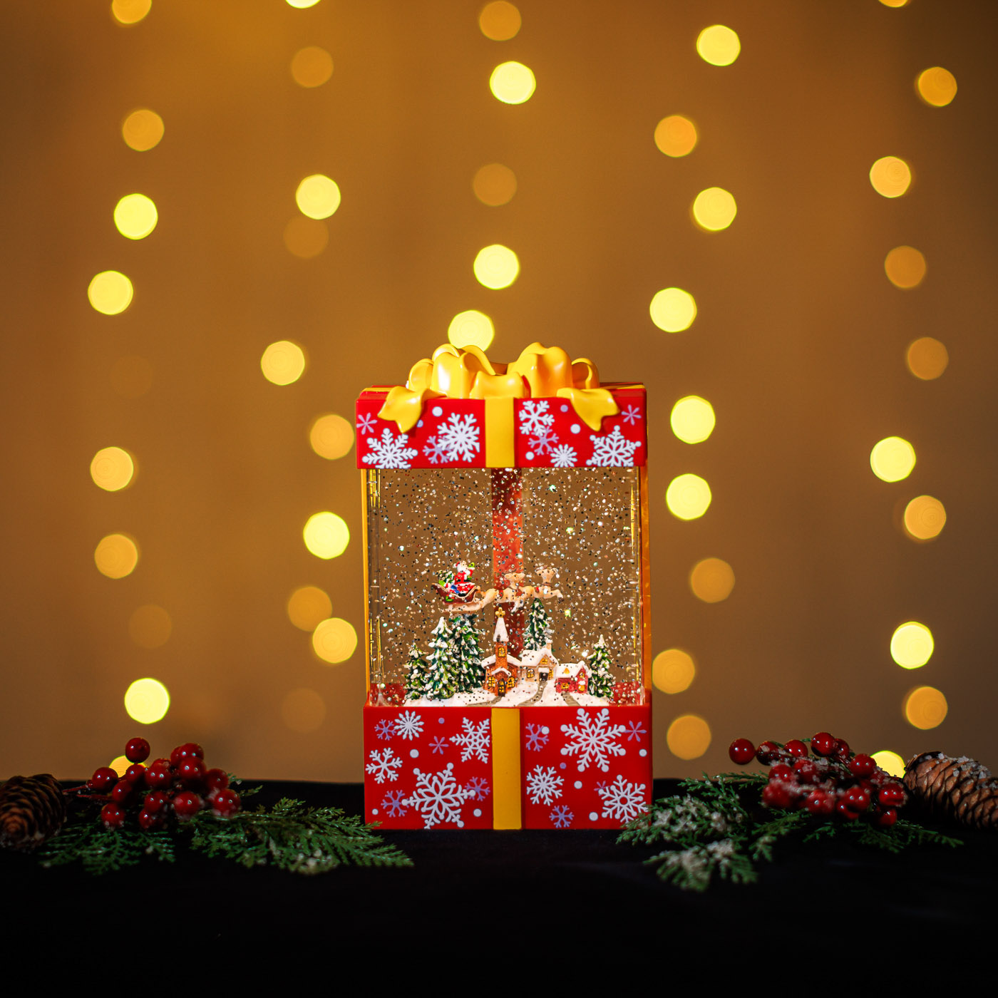 Snowing Gift Box w/ Santa Sleigh