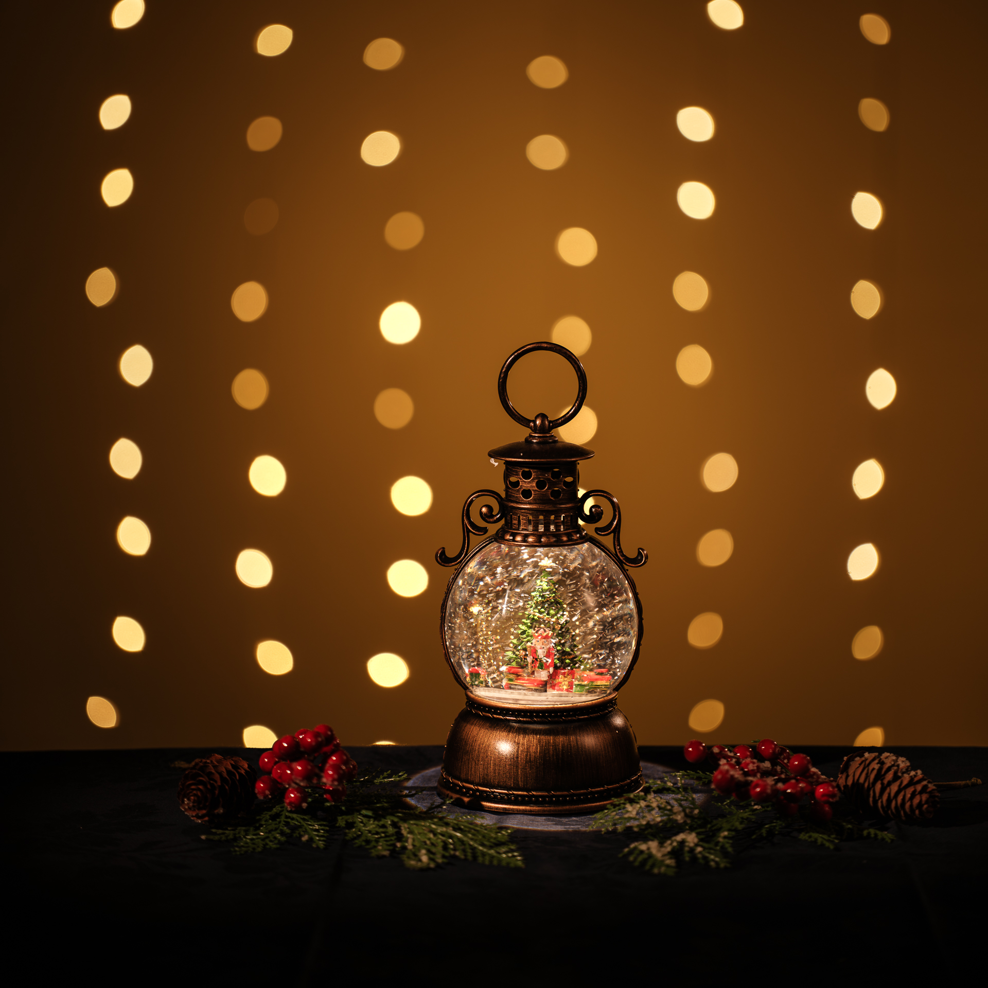 Snowing Oil Lantern w/ Rotating Train