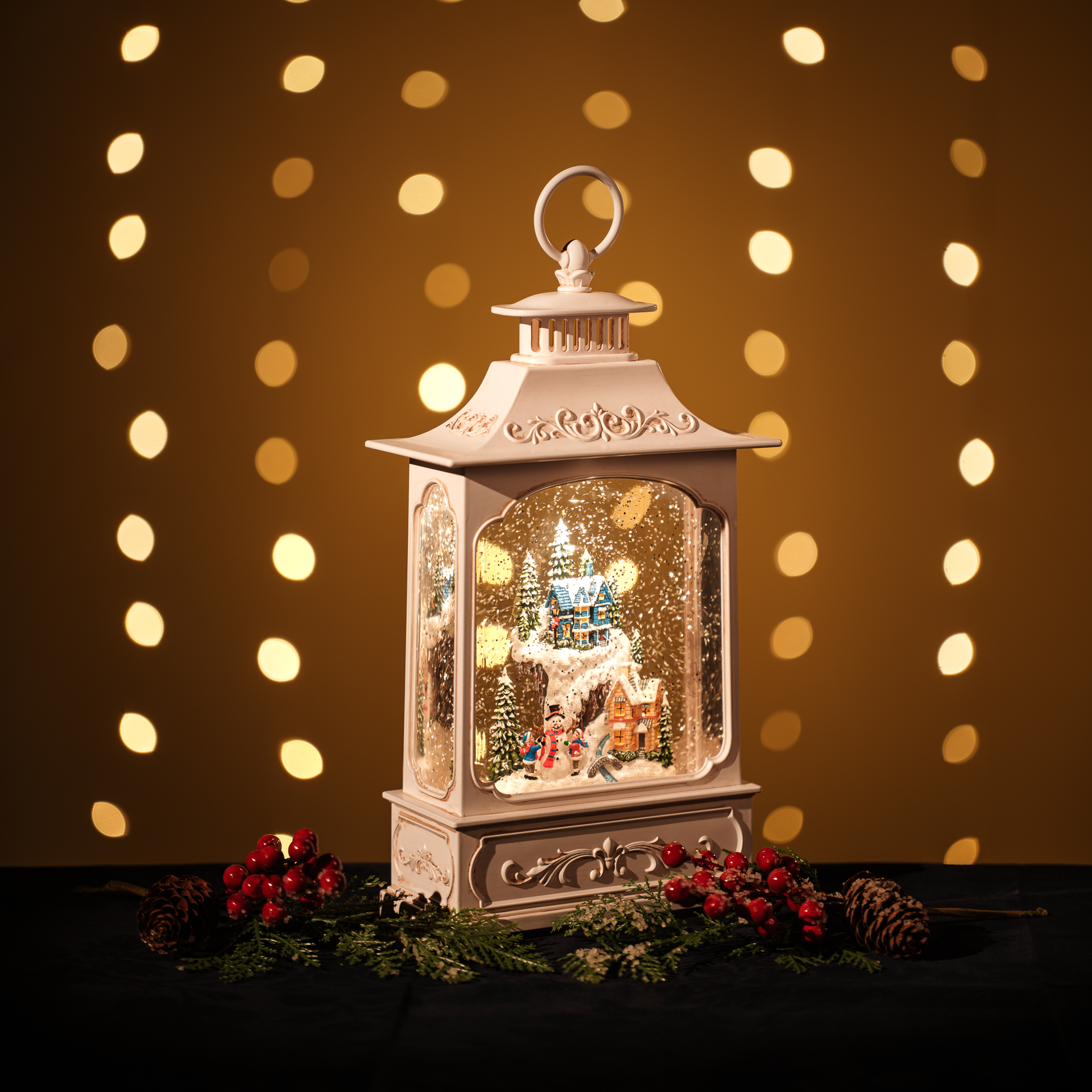 Snowing Tall French Lantern / Snowman