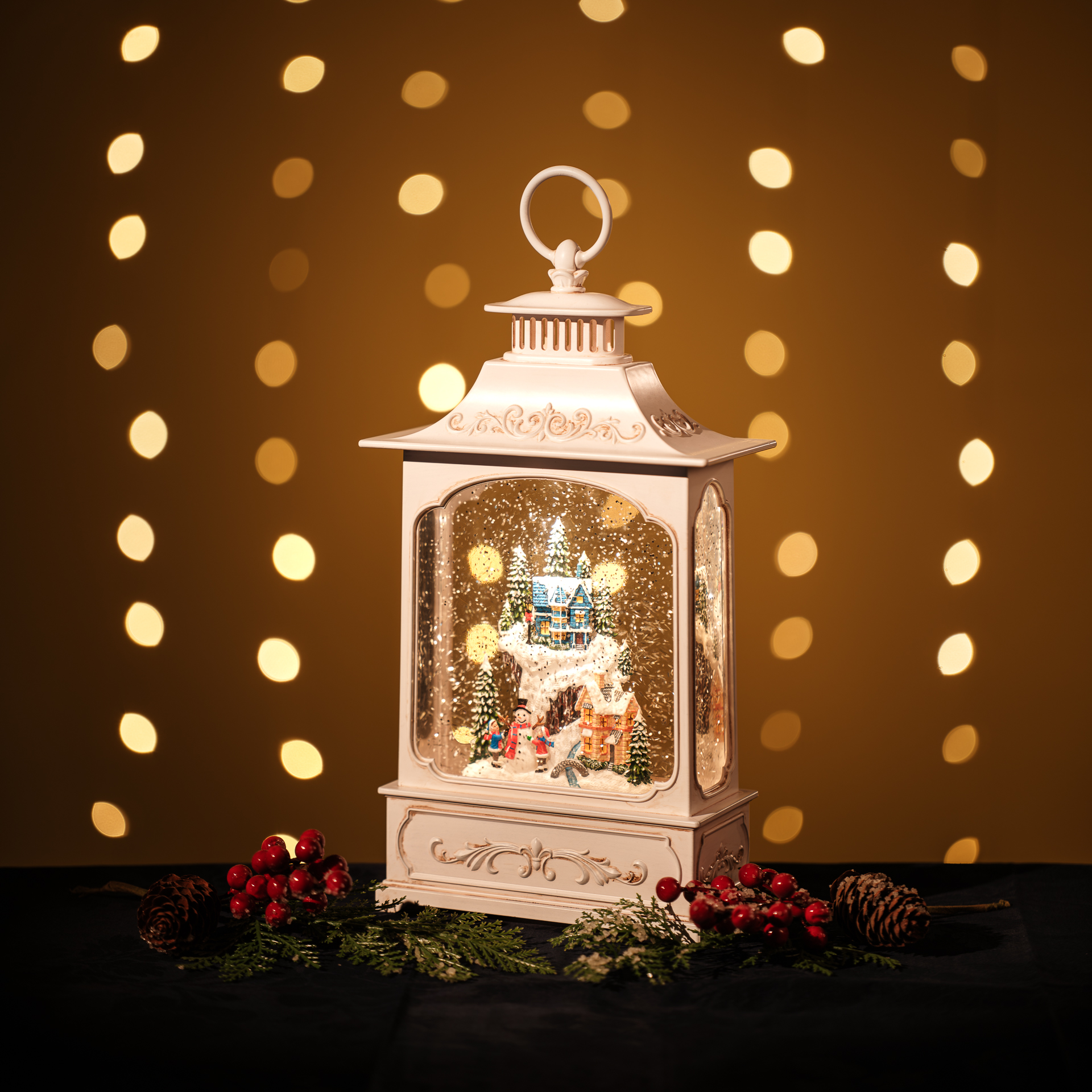 Snowing Tall French Lantern / Snowman