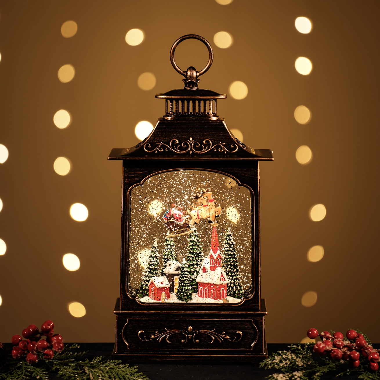 Snowing Tall French Lantern / Santa Sleigh