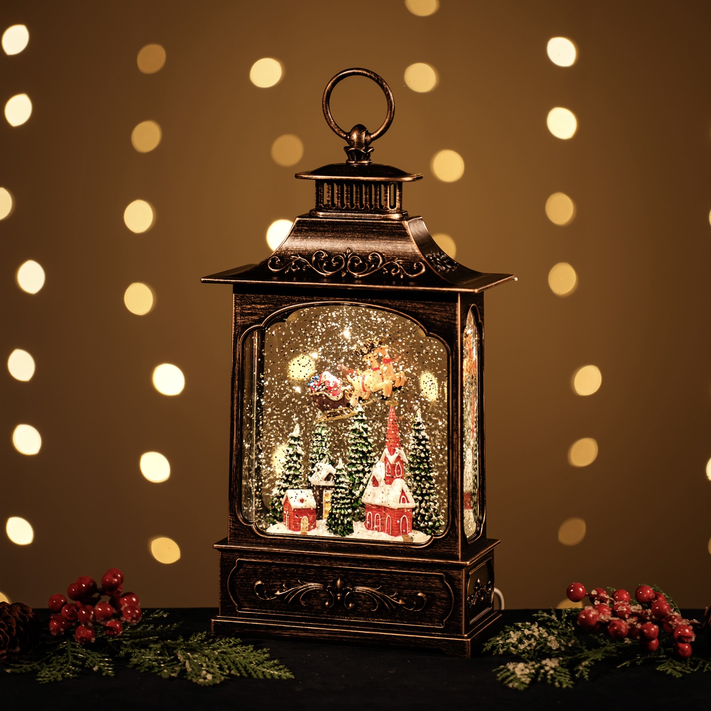 Snowing Tall French Lantern / Santa Sleigh