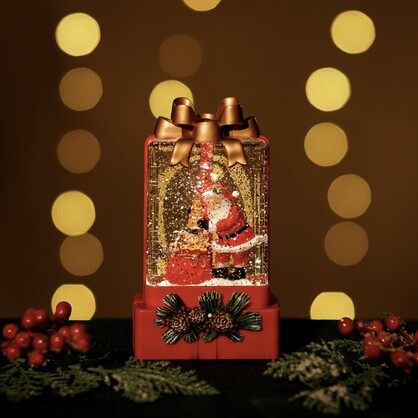 Large Red Snowing Gift Box w/ Santa