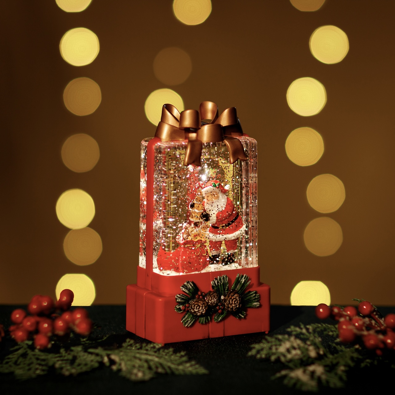 Large Red Snowing Gift Box w/ Santa