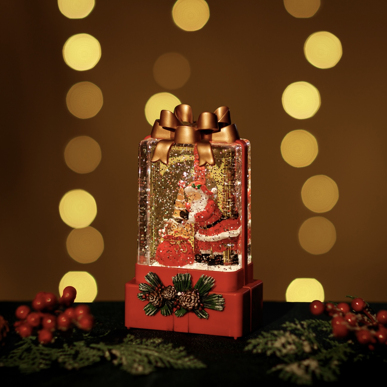 Large Red Snowing Gift Box w/ Santa