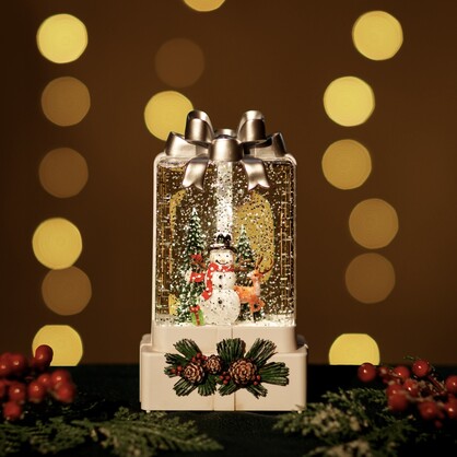 Large White Snowing Gift Box w/ Snowman
