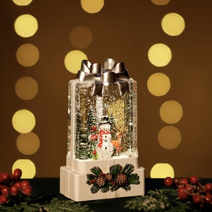 Large White Snowing Gift Box w/ Snowman