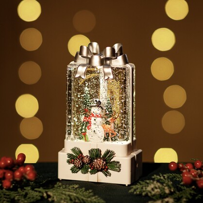 Large White Snowing Gift Box w/ Snowman