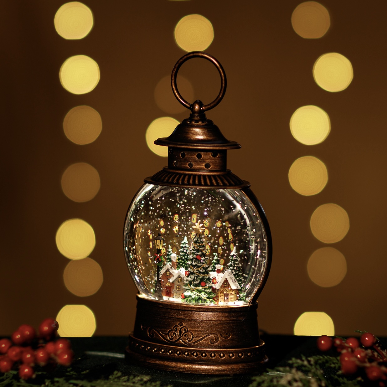 Snowing Globe Lantern w/Xmas Village