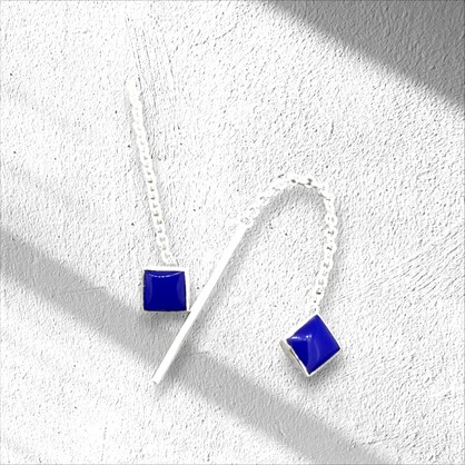 Petite Lapis earrings feature a unique slide-through chain and at the end of each sterling silver chain dangles a thin silver rod